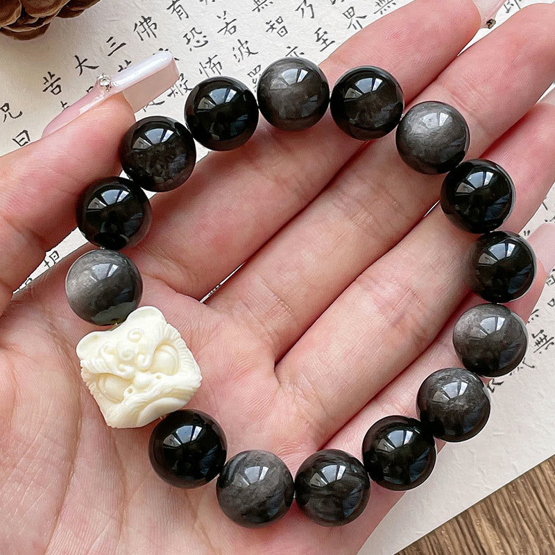 Bracelet de protection en obsidienne argentée et brillante de Buddha Stones , graine de Bodhi, ivoire, fruit, lion dansant