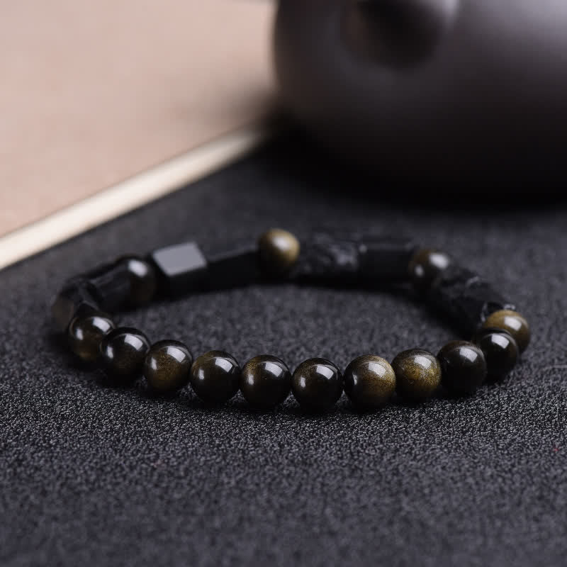 Bracelet de richesse en obsidienne et tourmaline noire avec Buddha Stones