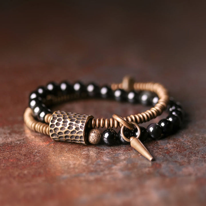 Bracelet double couche de guérison de la paix intérieure en cuivre et obsidienne arc-en-ciel en Buddha Stones