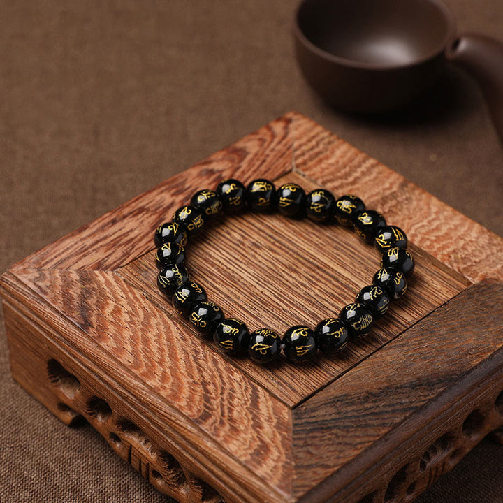 Bracelet de méditation en onyx noir et cristal blanc Buddha Stones du Tibet Om Mani Padme Hum