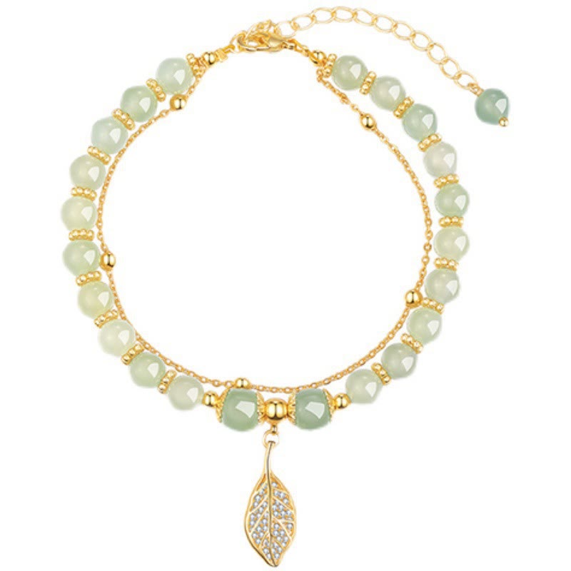 Bracelet de perles porte-bonheur en Buddha Stones, feuille de jade, ginkgo, tulipe, arachide, personnage Fu