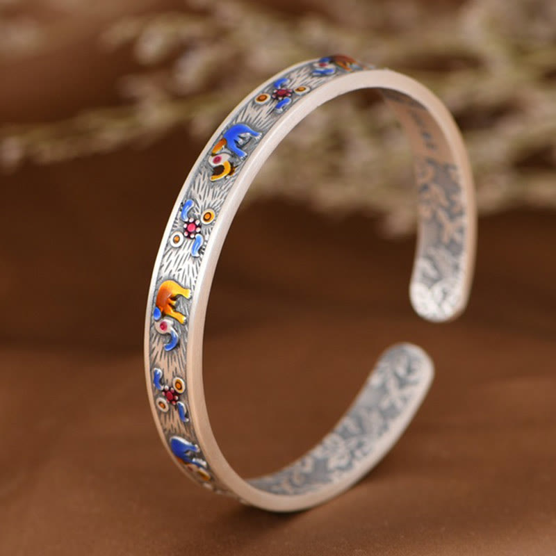 Bracelet manchette en argent sterling 999 avec Buddha Stones et éléphant