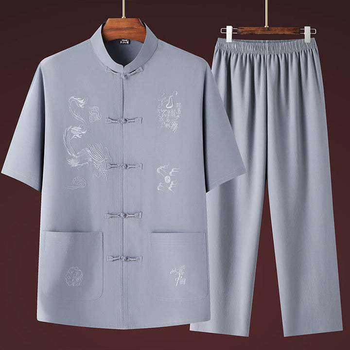 Costume Tang en Buddha Stones Hanfu Dragon chinois Uniforme de Kung Fu traditionnel Haut à manches courtes et pantalon Vêtements Ensemble pour hommes - Gris clair - US/UK/AU44，EU54 (4XL) - image 6