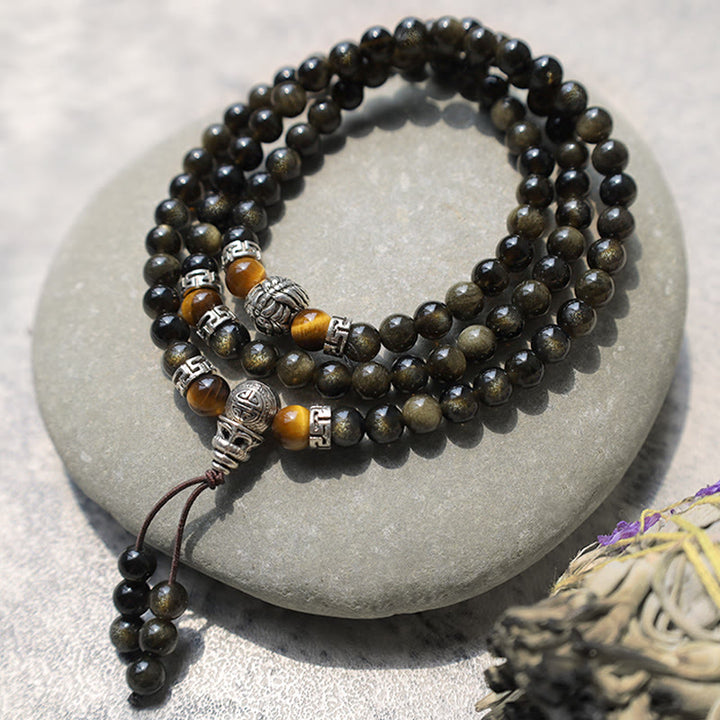 Collier Bracelet Énergie Obsidienne Dorée