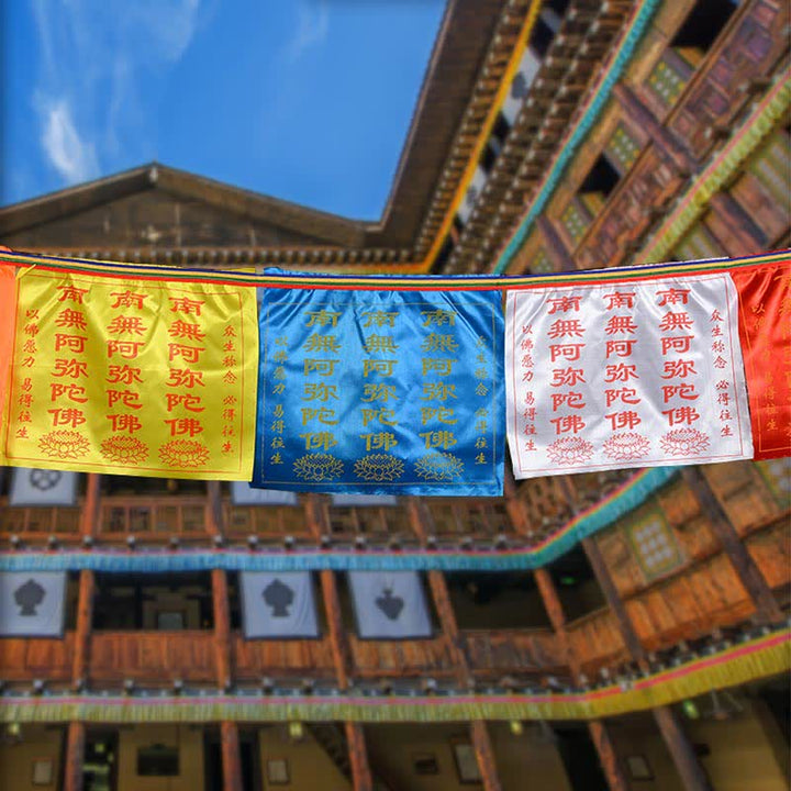 Buddha Stones Drapeau de prière tibétain à 7 couleurs, symbole du cheval du vent et du lotus, pour l'extérieur (21 pièces). - 7,56 m - image 0