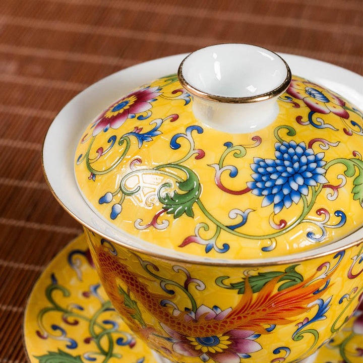 Tasse à thé en céramique Gaiwan Sancai avec motif de fleurs et de dragons Buddha Stones Kung Fu et soucoupe avec couvercle