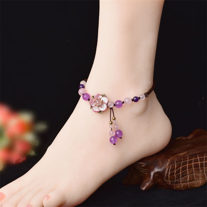 Buddha Stones Bracelet de cheville Améthyste Rose Quartz Crystal Charm Lucky Healing