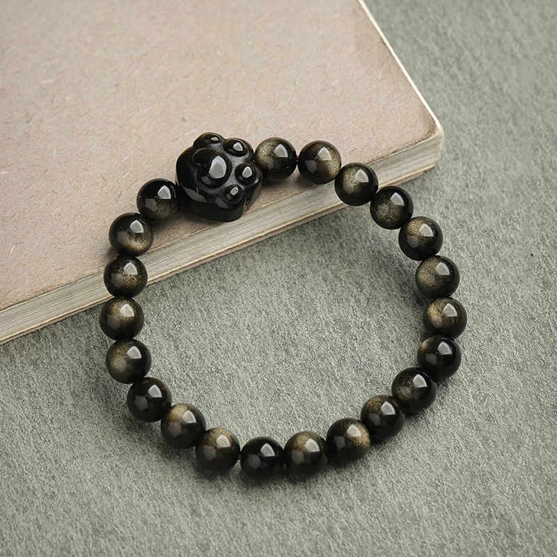 Bracelet de protection porte-bonheur en obsidienne dorée et argentée avec Buddha Stones et jolie patte de chat porte-bonheur - Obsidienne à reflets dorés - Griffe de chat - 8 mm - image 21