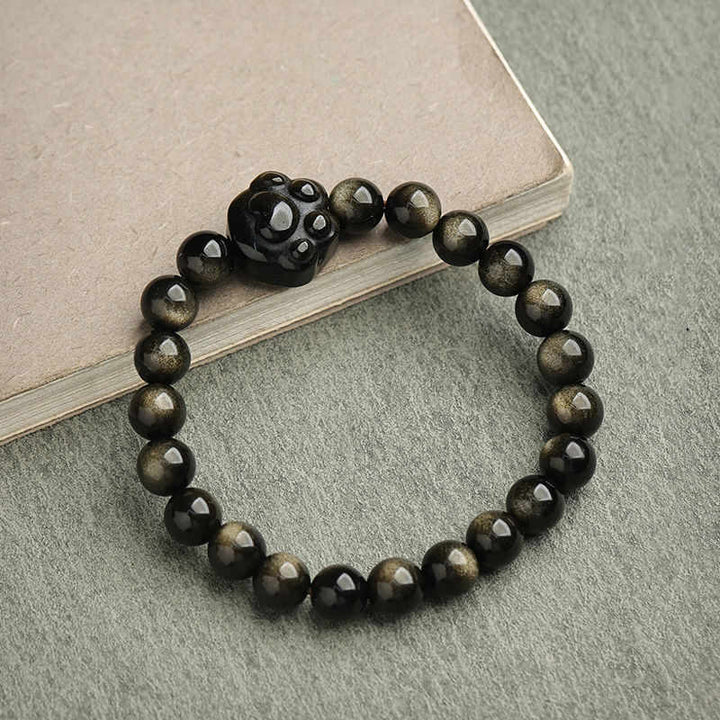 Bracelet de protection porte-bonheur en obsidienne dorée et argentée avec Buddha Stones et jolie patte de chat porte-bonheur - Obsidienne à reflets dorés - Griffe de chat - 8 mm - image 21