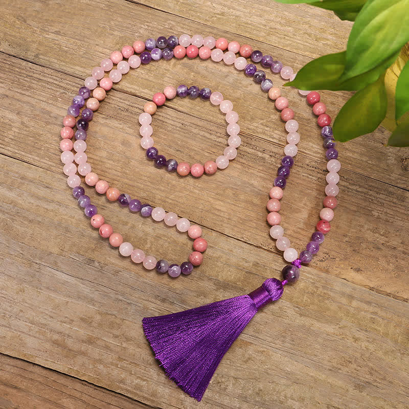Bracelet de guérison spirituelle à pampilles en améthyste et quartz rose avec 108 perles de Mala Buddha Stones