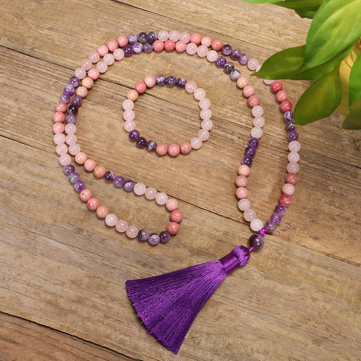 Bracelet de guérison spirituelle à pampilles en améthyste et quartz rose avec 108 perles de Mala Buddha Stones