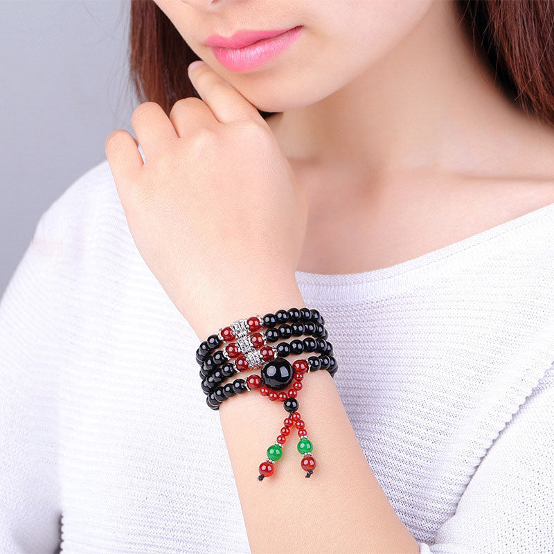 Bracelet Mala 108 perles en obsidienne noire naturelle œil de tigre Buddha Stones