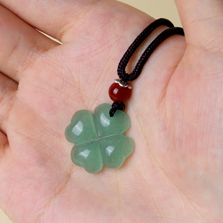 Collier avec pendentif en corde de cuir et trèfle à quatre feuilles en aventurine verte en argent sterling 925 Buddha Stones