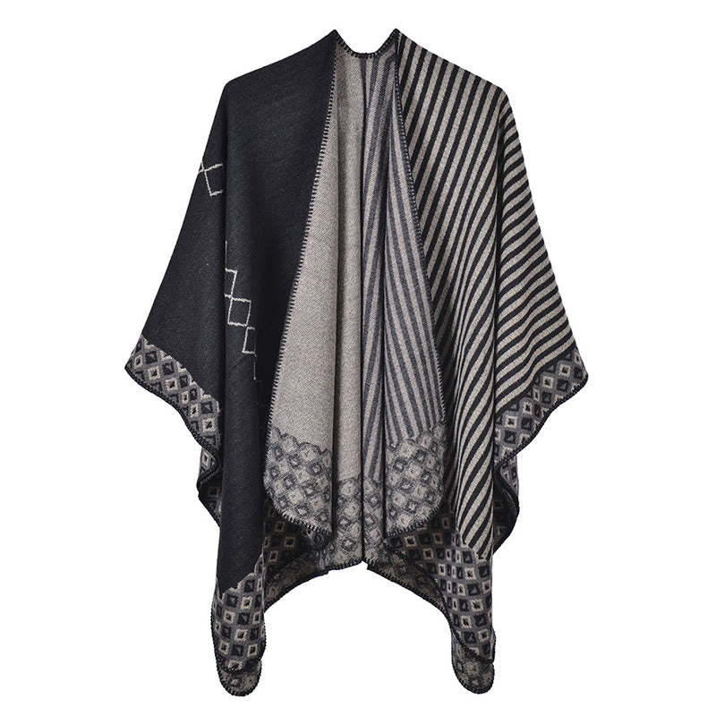 Châle tibétain à rayures et motifs de diamants avec Buddha Stones , écharpe douce et chaude pour l'hiver - Noir Gris - image 20