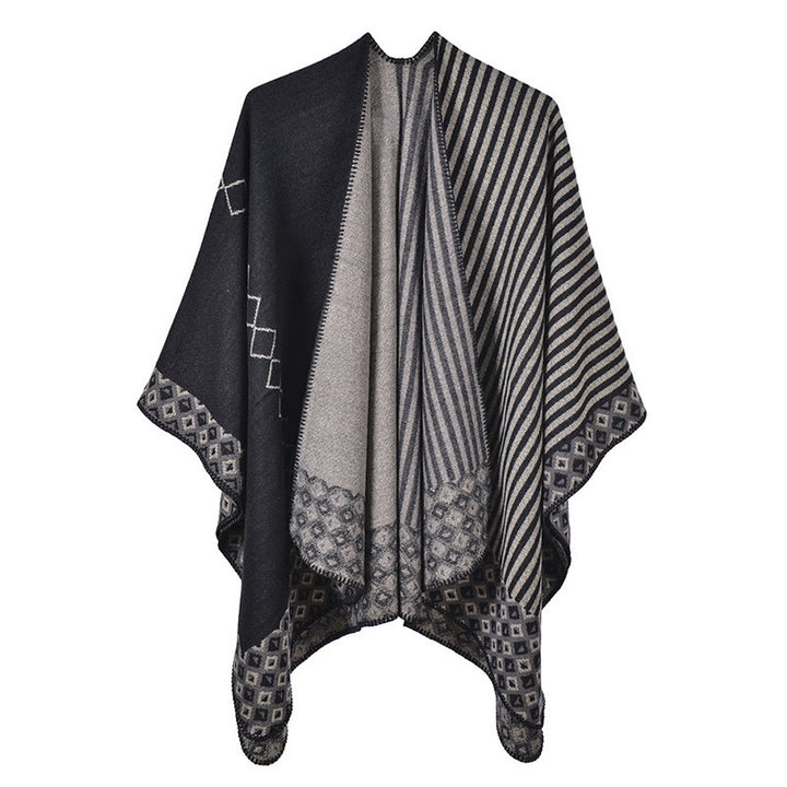 Châle tibétain à rayures et motifs de diamants avec Buddha Stones , écharpe douce et chaude pour l'hiver - Noir Gris - image 20