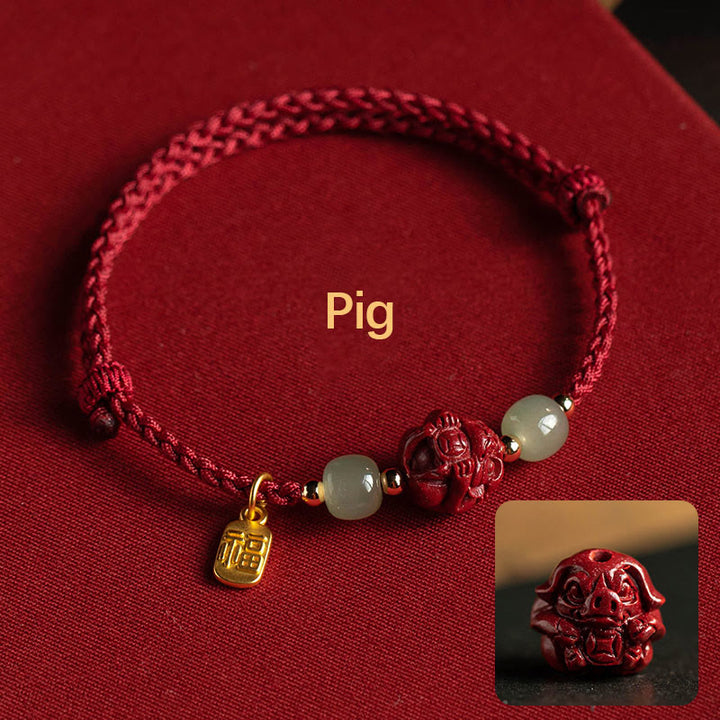 Bracelet en corde porte-bonheur en jade Hetian Buddha Stones et cinabre naturel, signe du zodiaque chinois