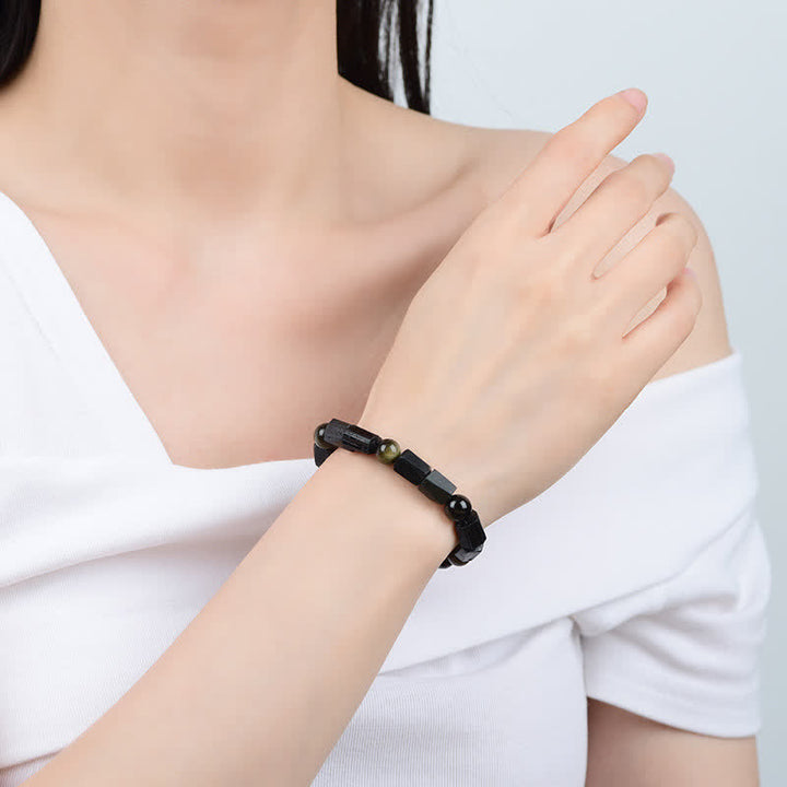 Bracelet de richesse en obsidienne et tourmaline noire avec Buddha Stones