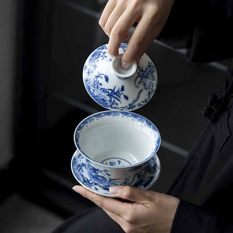 Buddha Stones Porcelaine Bleue et Blanche Lotus Koi Poisson Danse du Lion Pastèque Céramique Gaiwan Sancai Tasse à Thé Kung Fu Tasse à Thé Et Soucoupe Avec Couvercle 300 ml