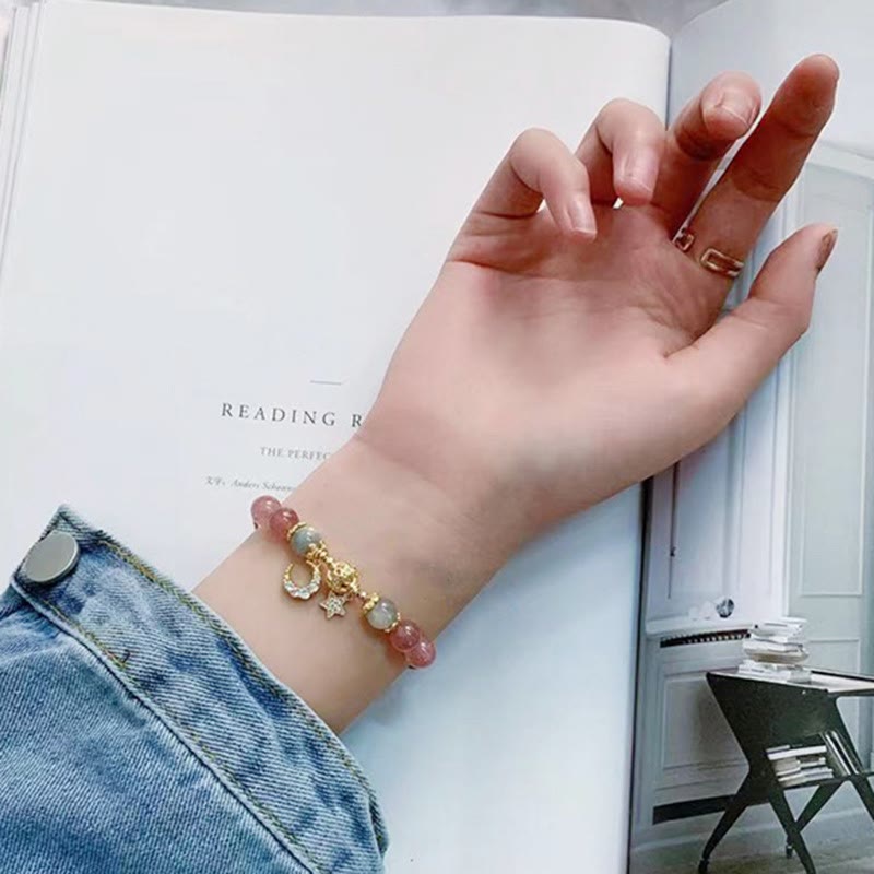 Bracelet d'amour en pierre de lune, étoile et lune en quartz fraise et Buddha Stones