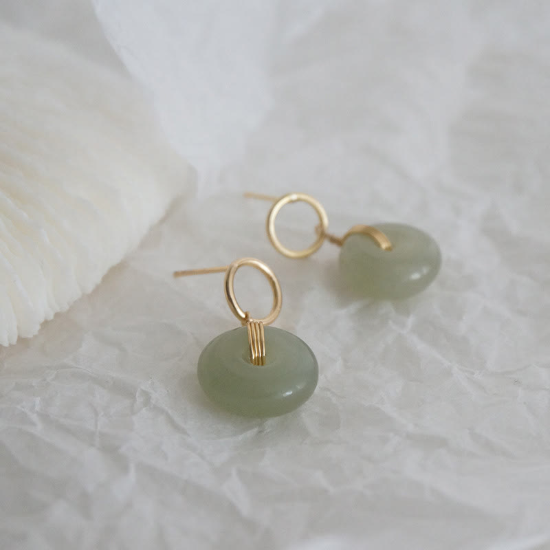 Boucles d'oreilles pendantes en jade avec Buddha Stones rondes et boucle de paix