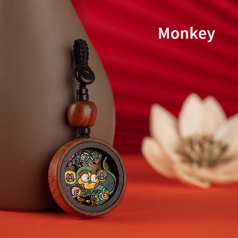 Porte-clés sculpté à la main en bois de rose avec Buddha Stones Année du Dragon Zodiaque chinois peint à la main