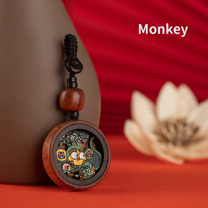 Porte-clés sculpté à la main en bois de rose avec Buddha Stones Année du Dragon Zodiaque chinois peint à la main