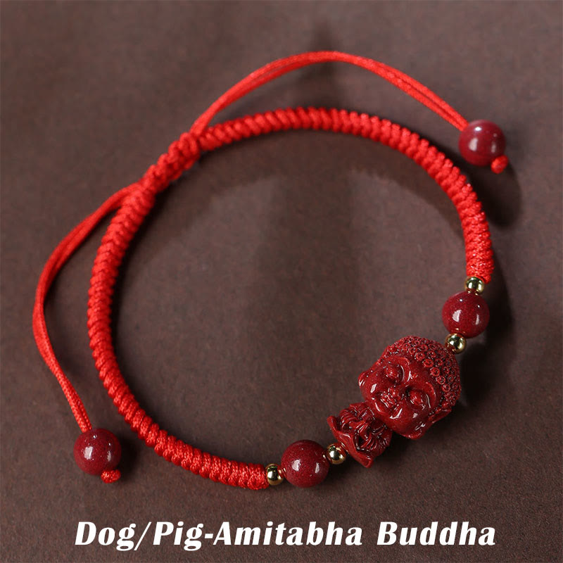 Bracelet en cordon avec amulette de bénédiction en cinabre et Buddha Stones du zodiaque chinois