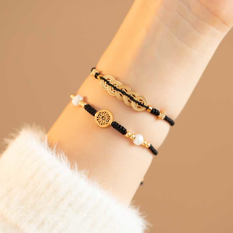 Bracelet tressé en cuivre avec Buddha Stones et pièce de monnaie, arbre de la fortune, chance et force