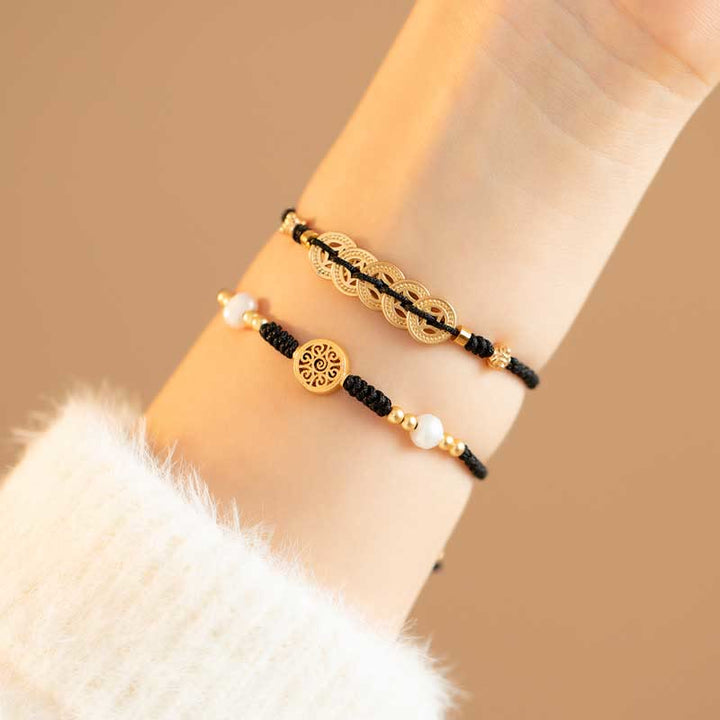 Bracelet tressé en cuivre avec Buddha Stones et pièce de monnaie, arbre de la fortune, chance et force