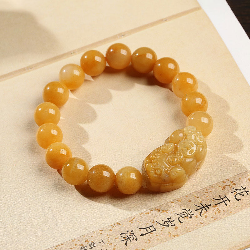 Bracelet de richesse Pixiu en jade et soie dorée avec Buddha Stones