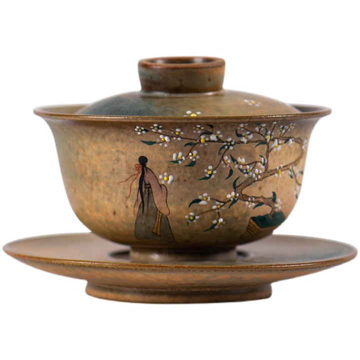 Buddha Stones Jingdezhen peintes à la main en porcelaine au four Ru Hanfu Girl Flower Ceramic Gaiwan Sancai Teacup Kung Fu Tea Cup And Saucer With Lid