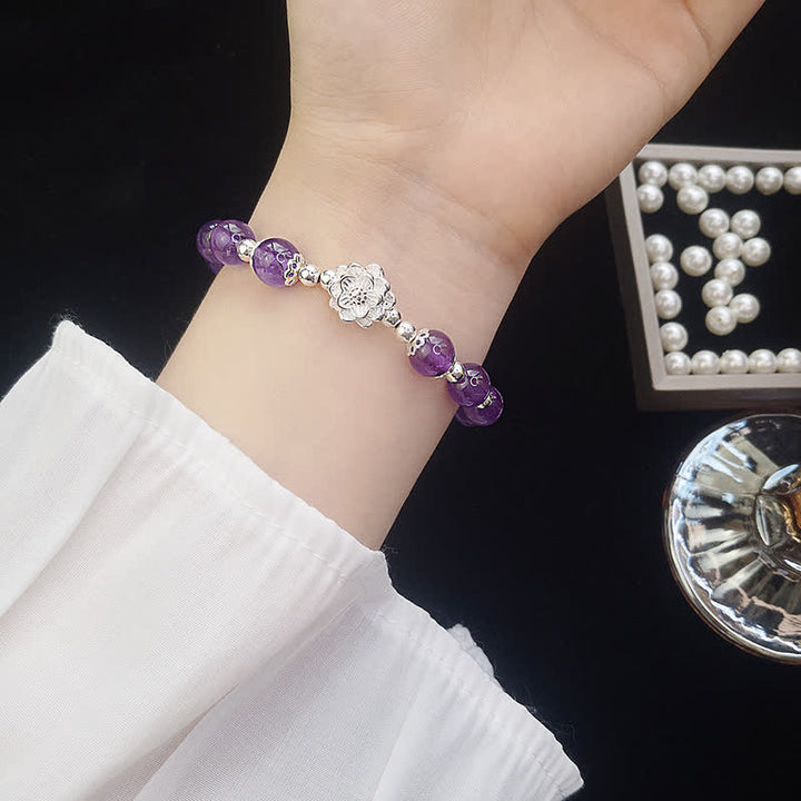 Bracelet spirituel Lotus en améthyste naturelle en argent sterling 925 Buddha Stones