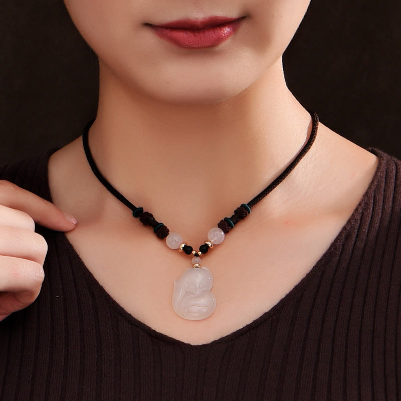 Collier avec pendentif en perles de cristal rose calcédoine et renard Buddha Stones Harmony String - image 3