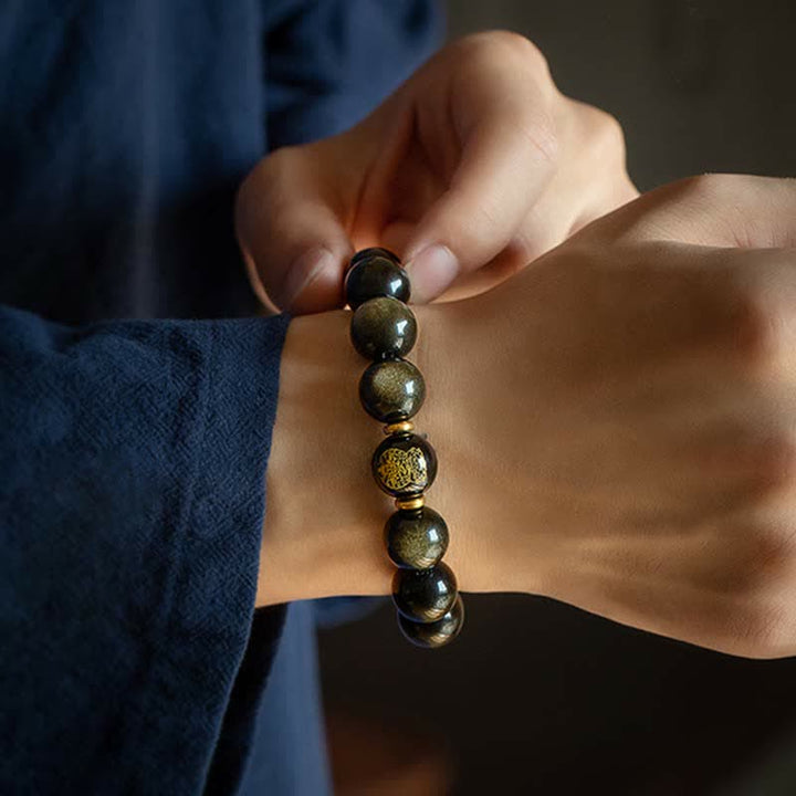 Bracelet de protection de richesse en obsidienne dorée avec Bouddha du zodiaque chinois