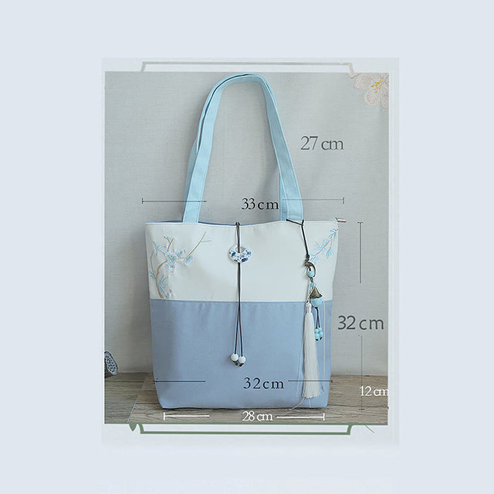 Sac à bandoulière en toile brodée de bambou avec fleur de poire, prunier, fleur de pêcher, grande capacité, sac fourre-tout