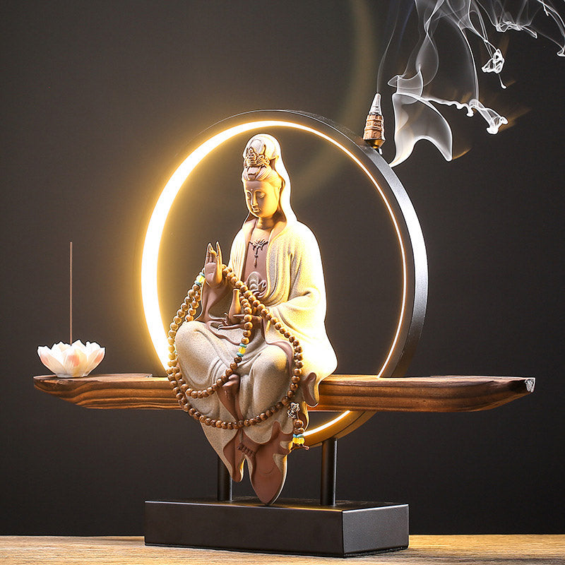 Buddha Stones Bouddha Avalokitesvara Céramique Lotus Relaxation Brûleur d'encens Décoration
