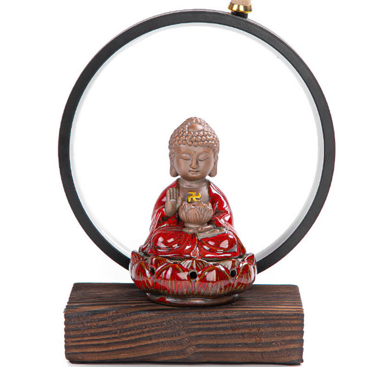 Buddha Stones Bouddha Lotus Fontaine à fumée à refoulement Brûleur d'encens de bénédiction en céramique avec décoration lumineuse
