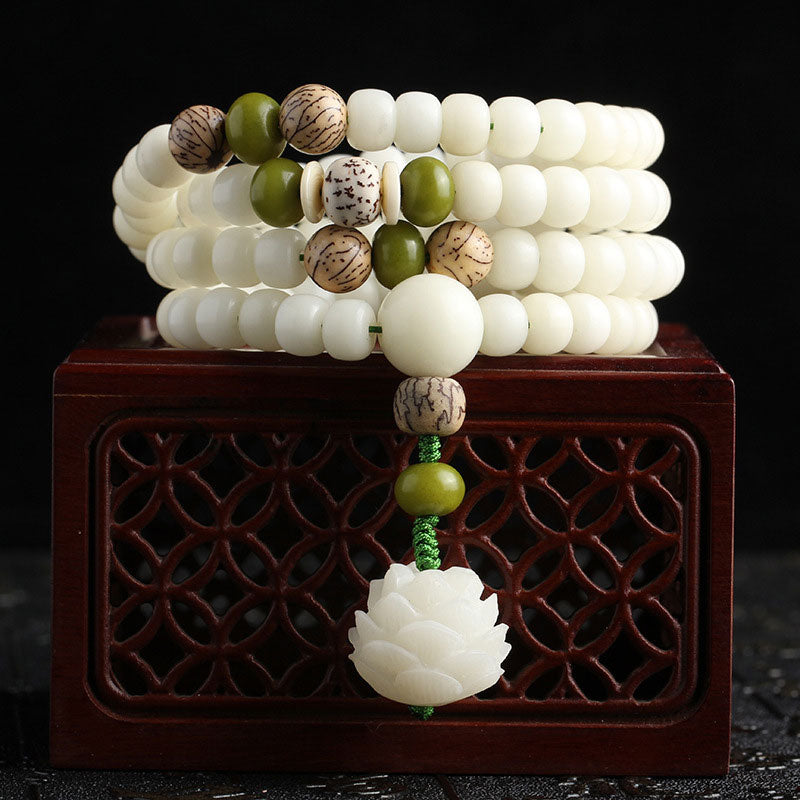 Buddha Stones Jade blanc Bodhi Lotus Mala Collier Harmonie Bracelet - image 0
