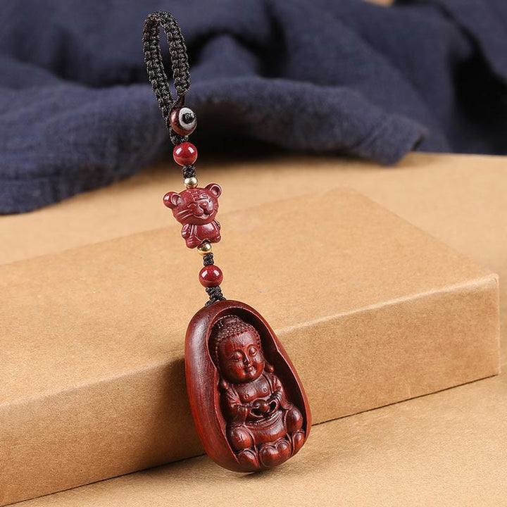 Porte-clés de protection en Buddha Stones en bois de santal rouge à petites feuilles, amulette du zodiaque chinois en cinabre
