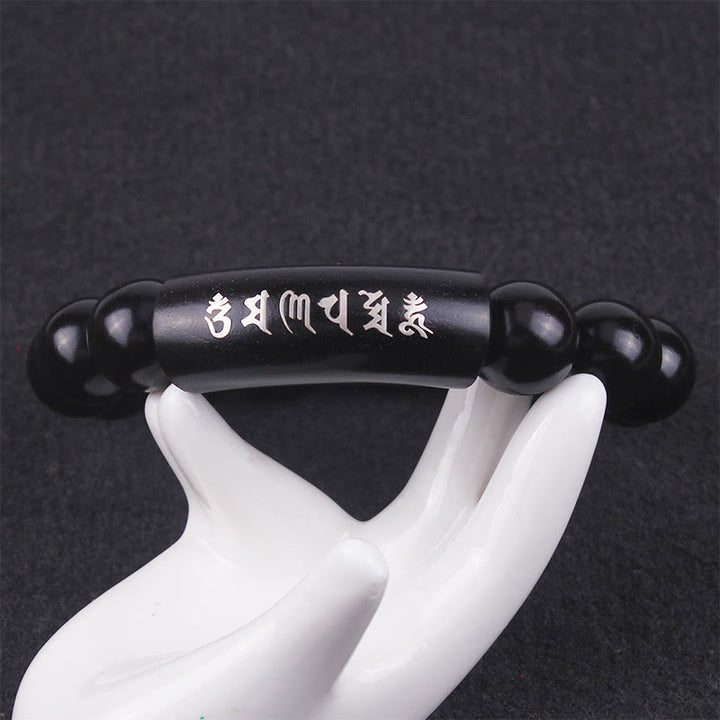 Bracelet d'équilibre incrusté de Buddha Stones en argent sterling 999 et bois d'ébène Om Mani Padme Hum