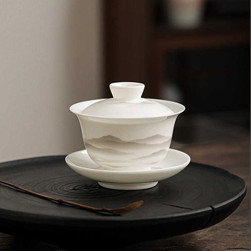 Buddha Stones Peinture à l'encre vintage Montagne Porcelaine blanche Céramique Gaiwan Sancai Tasse à thé Kung Fu Tasse à thé et soucoupe avec couvercle Ustensile à thé Théière