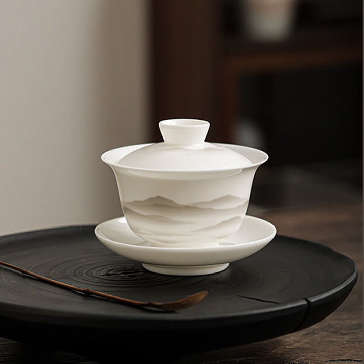 Buddha Stones Peinture à l'encre vintage Montagne Porcelaine blanche Céramique Gaiwan Sancai Tasse à thé Kung Fu Tasse à thé et soucoupe avec couvercle Ustensile à thé Théière
