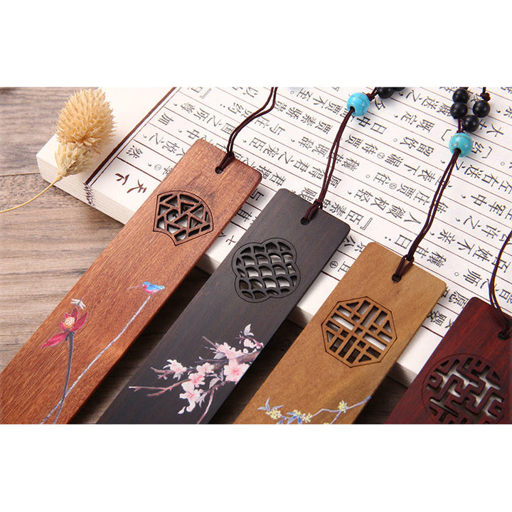 Lot de 4 marque-pages en bois avec Buddha Stones , orchidée, prunier, bambou, chrysanthème, masque d'opéra de Pékin, avec boîte cadeau