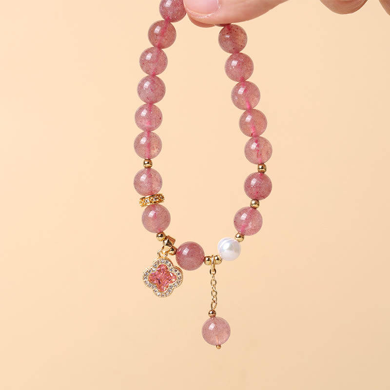 Bracelet de guérison à breloques en trèfle à quatre feuilles avec perles de quartz fraise et Buddha Stones