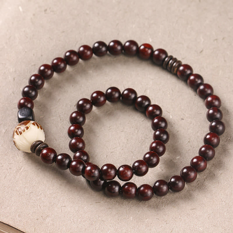 Bracelet double tour sculpté en Buddha Stones, petite feuille, bois de santal rouge, lotus, graine de Bodhi, protection