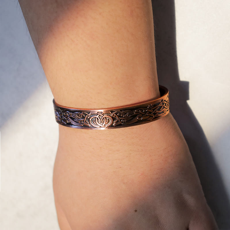 Bracelet manchette réglable magnétique en cuivre Buddha Stones et oiseaux vikings