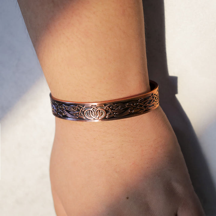 Bracelet manchette réglable magnétique en cuivre Buddha Stones et oiseaux vikings