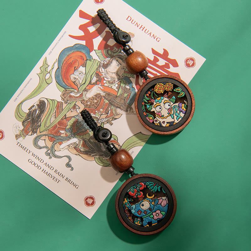 Porte-clés sculpté à la main en bois de rose avec Buddha Stones Année du Dragon Zodiaque chinois peint à la main
