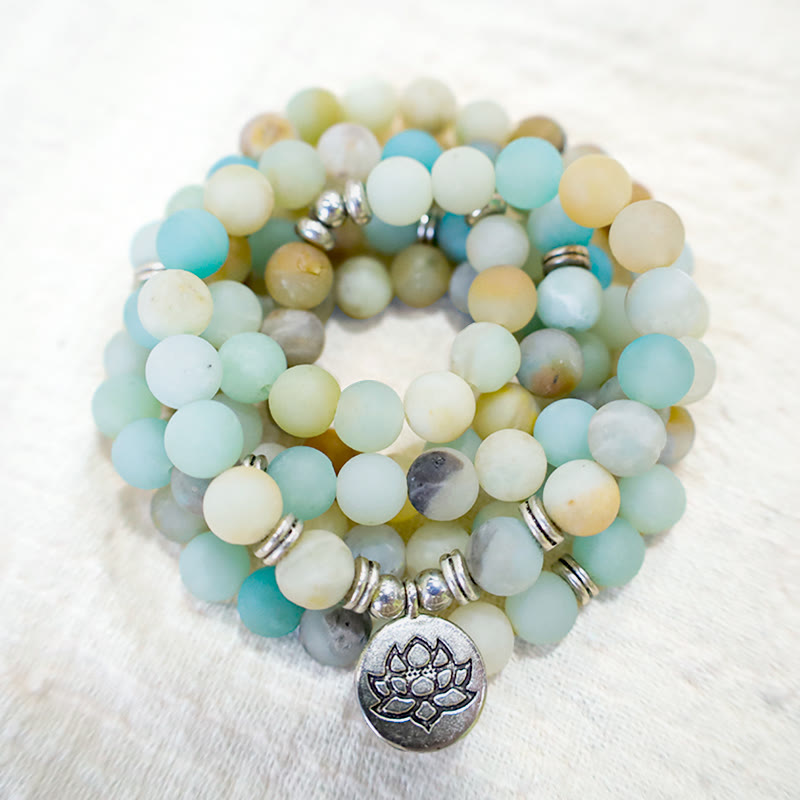 Buddha Stones Mala tibétain en pierre d'amazonite avec lotus de bénédiction