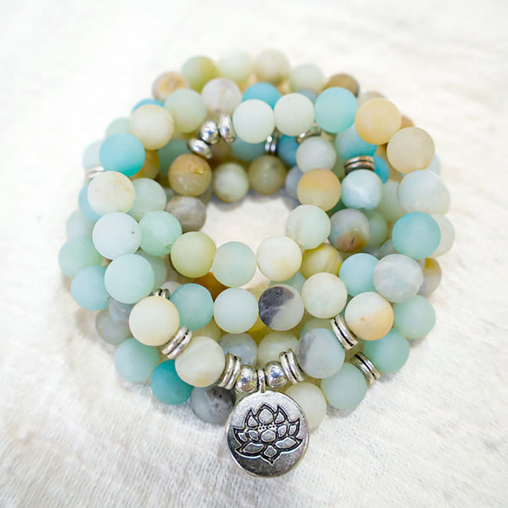 Buddha Stones Mala tibétain en pierre d'amazonite avec lotus de bénédiction